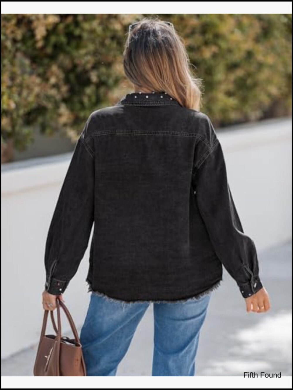 Oversized Rhinestones Pearls Embellished Denim Jacket with Frayed Hem - Picture 2 of 7
